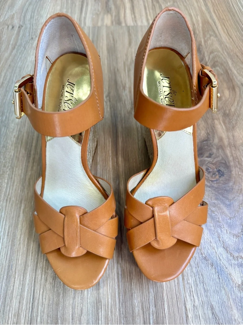 Michael Michael Kors Somerly Leather Wedge Sandals Peanut Size 6.5M